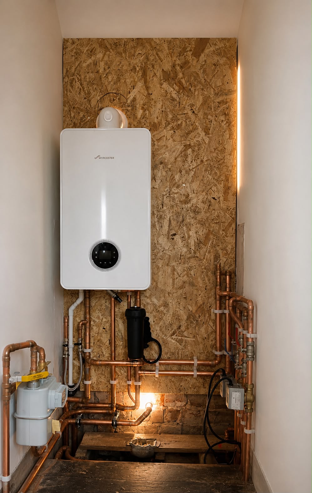 Boiler installation with tidy copper pipework